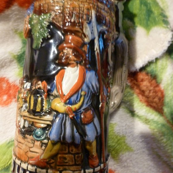 Rare Antique German Beer Stein – Christmas Theme, Raised Relief, Pewter Lid, 10" - Picture 2 of 12